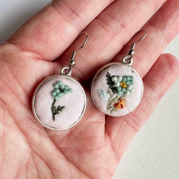 Handmade Pink and Blue Embroidered Floral Drop Earrings - Picture 2 of 13